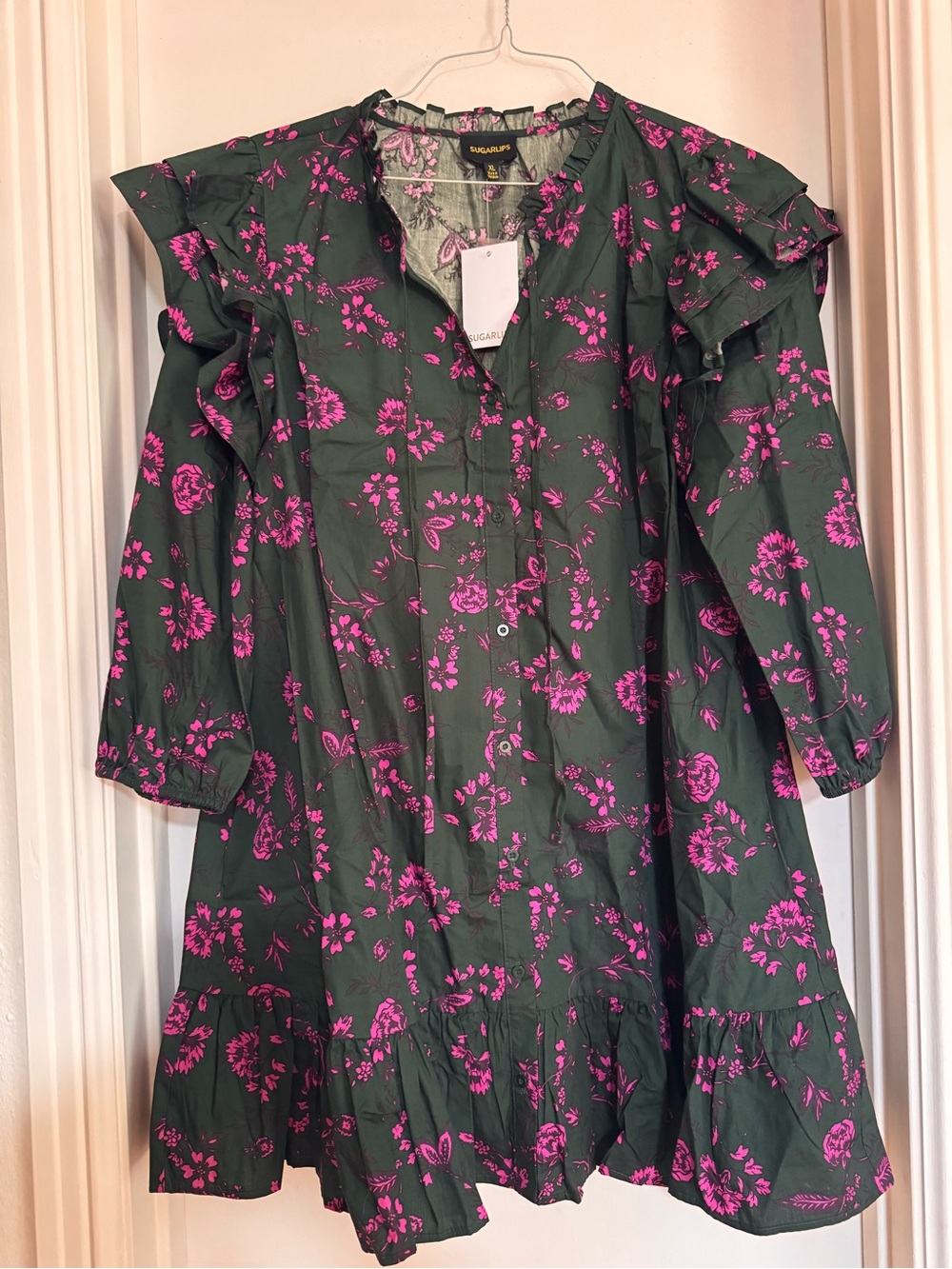 Sugarlips Dark Green Dress with Hot Pink Floral Print